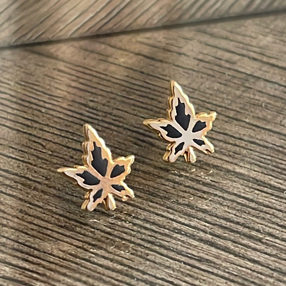 Vintage Tiny Maple Leaf Stud Earrings, Black Enamel